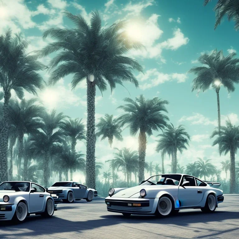 1980's aesthetic vaporwave palm trees and spheres and Porsche with lightning