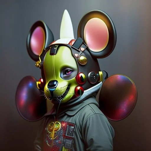 zombie mickey mouse hybrid, photorealism, movie screen capture, horror, sci-fi, retrofuturism, matching mickey mouse ears on mask