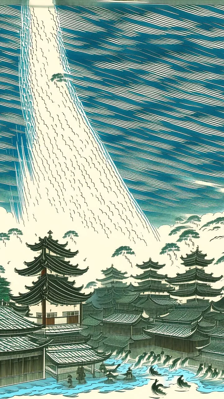 A white cloudy sky with tornadoes painted by Utagawa Hiroshige