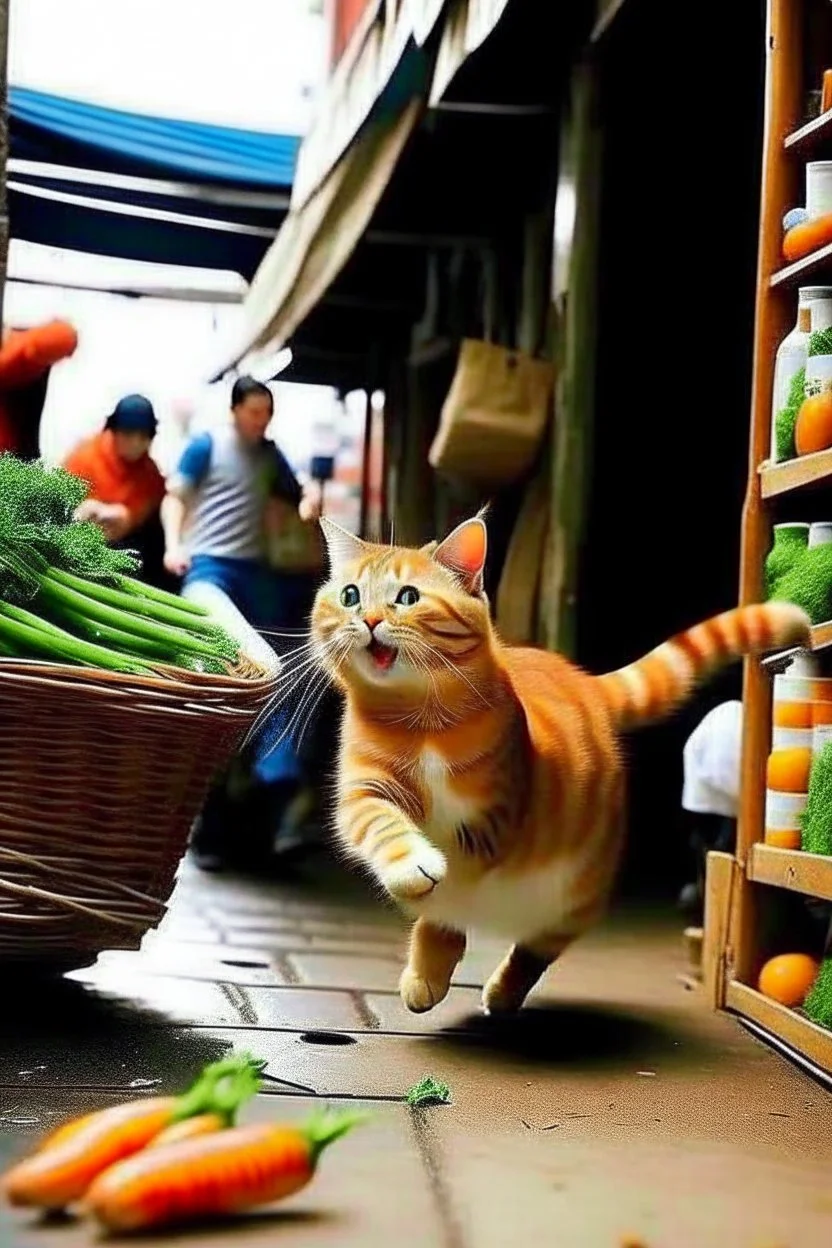 صورة لقط يسرق ويحمله الجزر في السوق ويضحك ويجري ويحال الناس الإمساك به