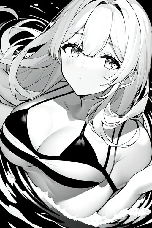 girl in a bikini floats in the water, orthogonal top view, greyscale