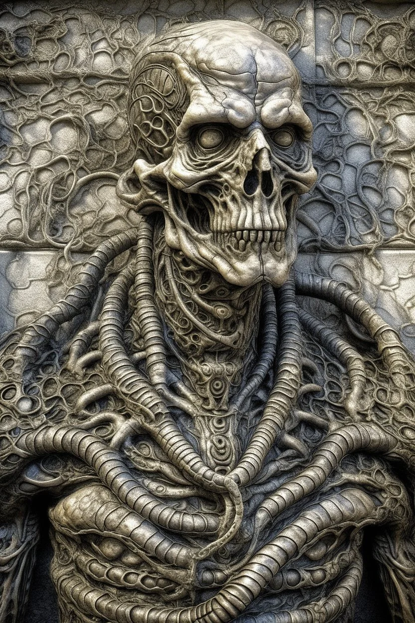 sculpture of one man and a snake , front view . decayed and rotting with grotesque proportions and imagery. abstract grotesqueries, detailed texture, surreal horror, biomechanical design, by hr giger and beksinski