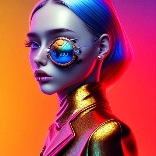 read head woman teenager, few freckles, gold teeth, leopard coat, purpurin, retro futuristic, latex dress, gradient color, BLUE, PINK, CYAN, neon, insanely detailed, 16k resolution, perfect eyes, cinematic smooth, intricate detail