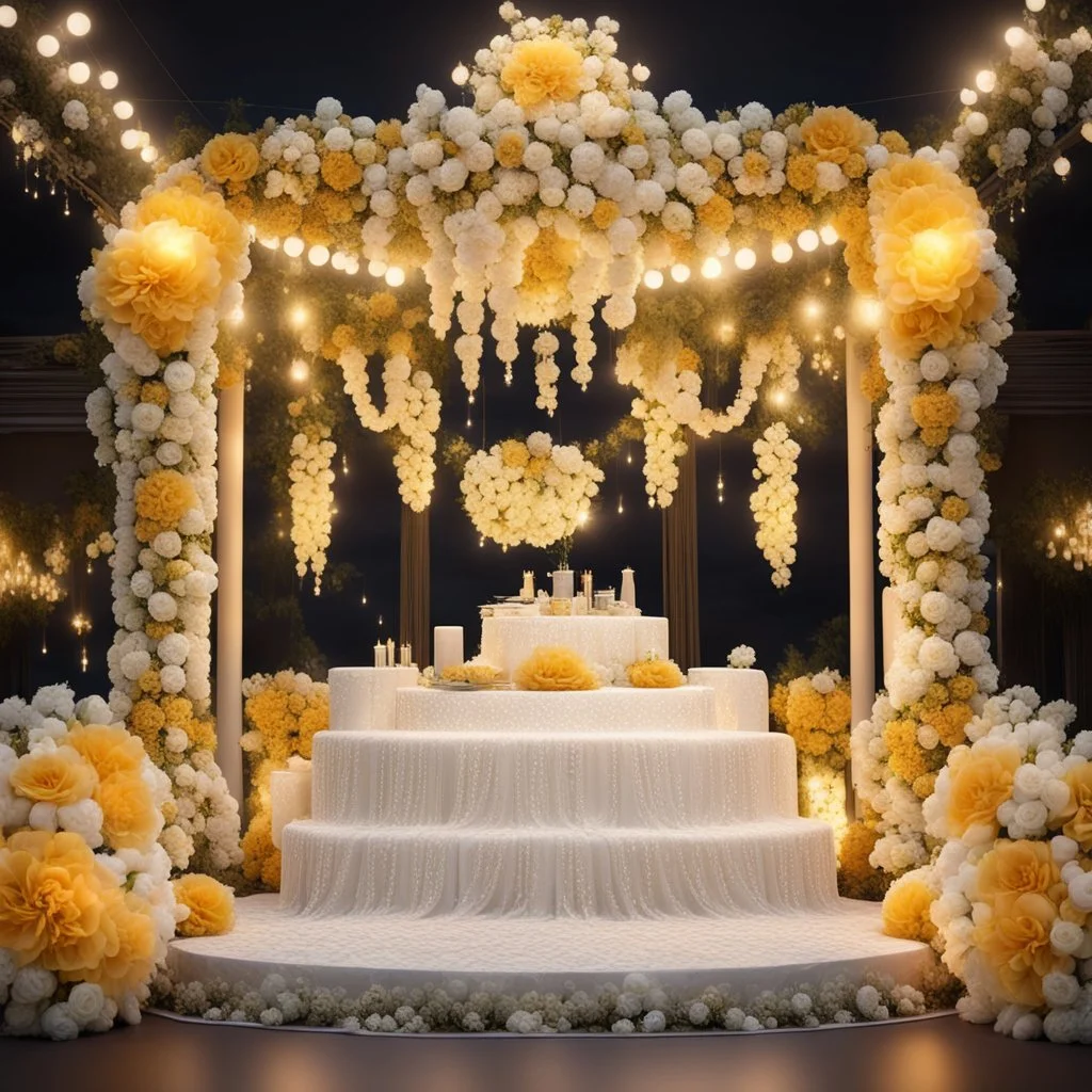 Hyper Realistic Beautiful Traditional Wedding Stage decorated with different Yellow & White flowers & wedding lights at Night