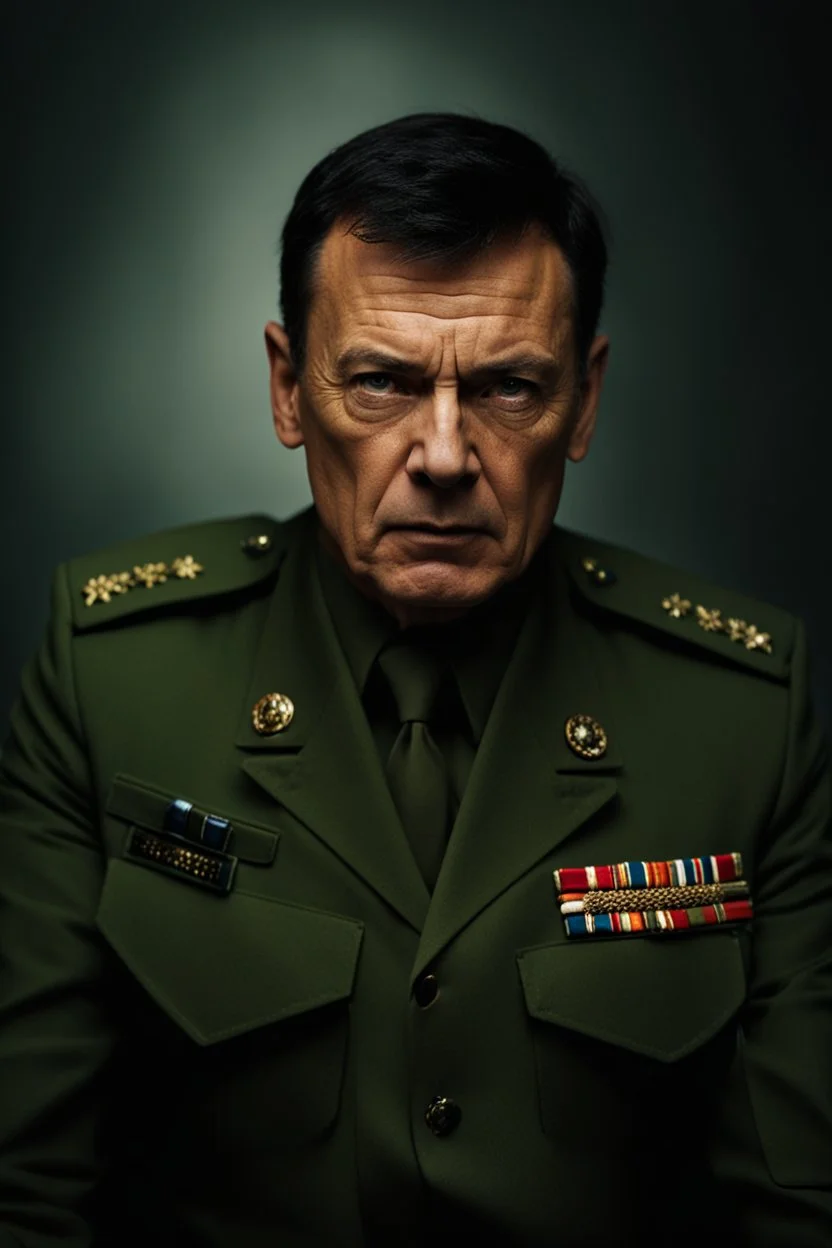 portrait of a 50 year old evil military leader. sneering expression, dark short hair,