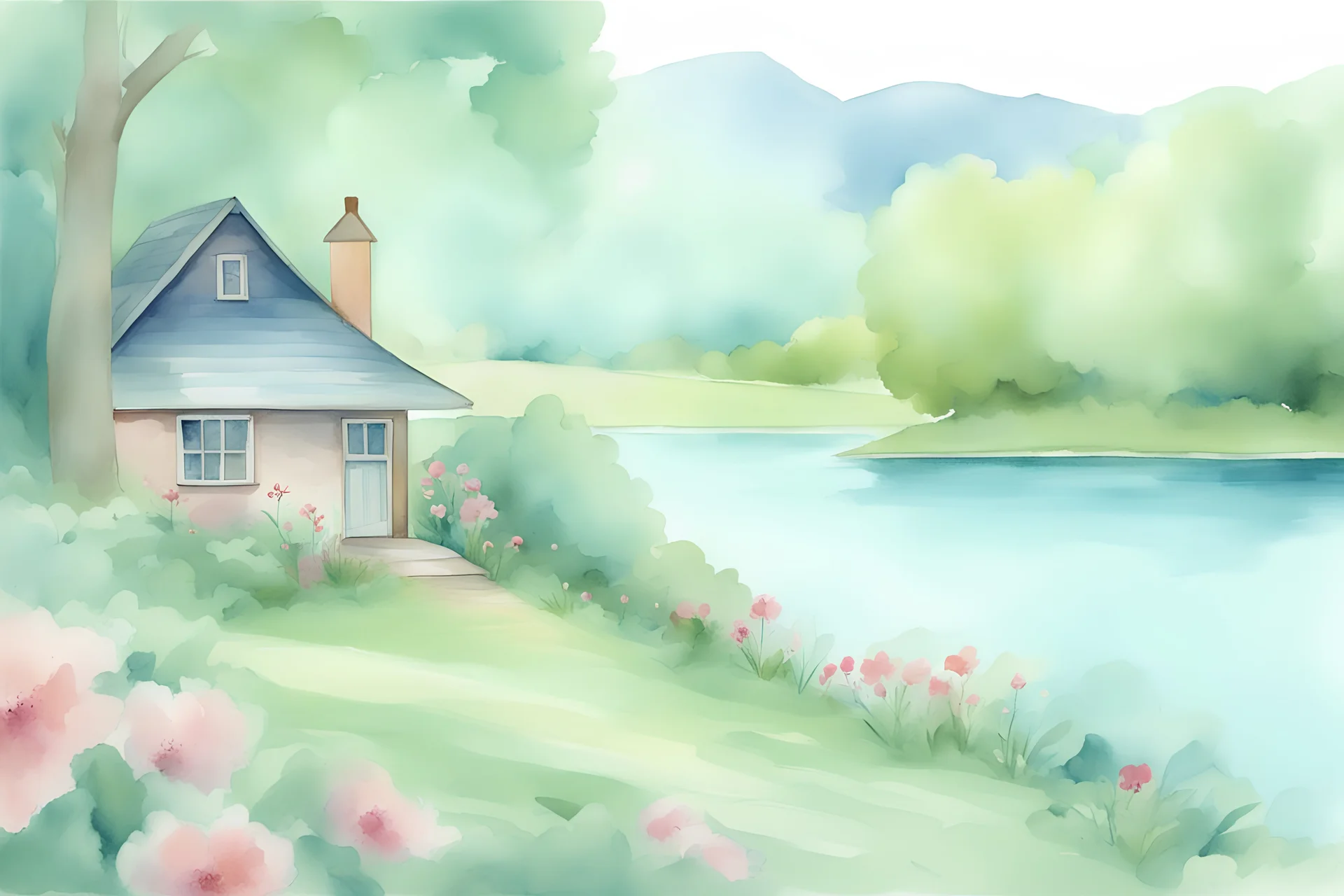 Create a illustration in a watercolor style of a simple cottage uphill by a tranquil lake with trees and flowers that create a calm and mature mood