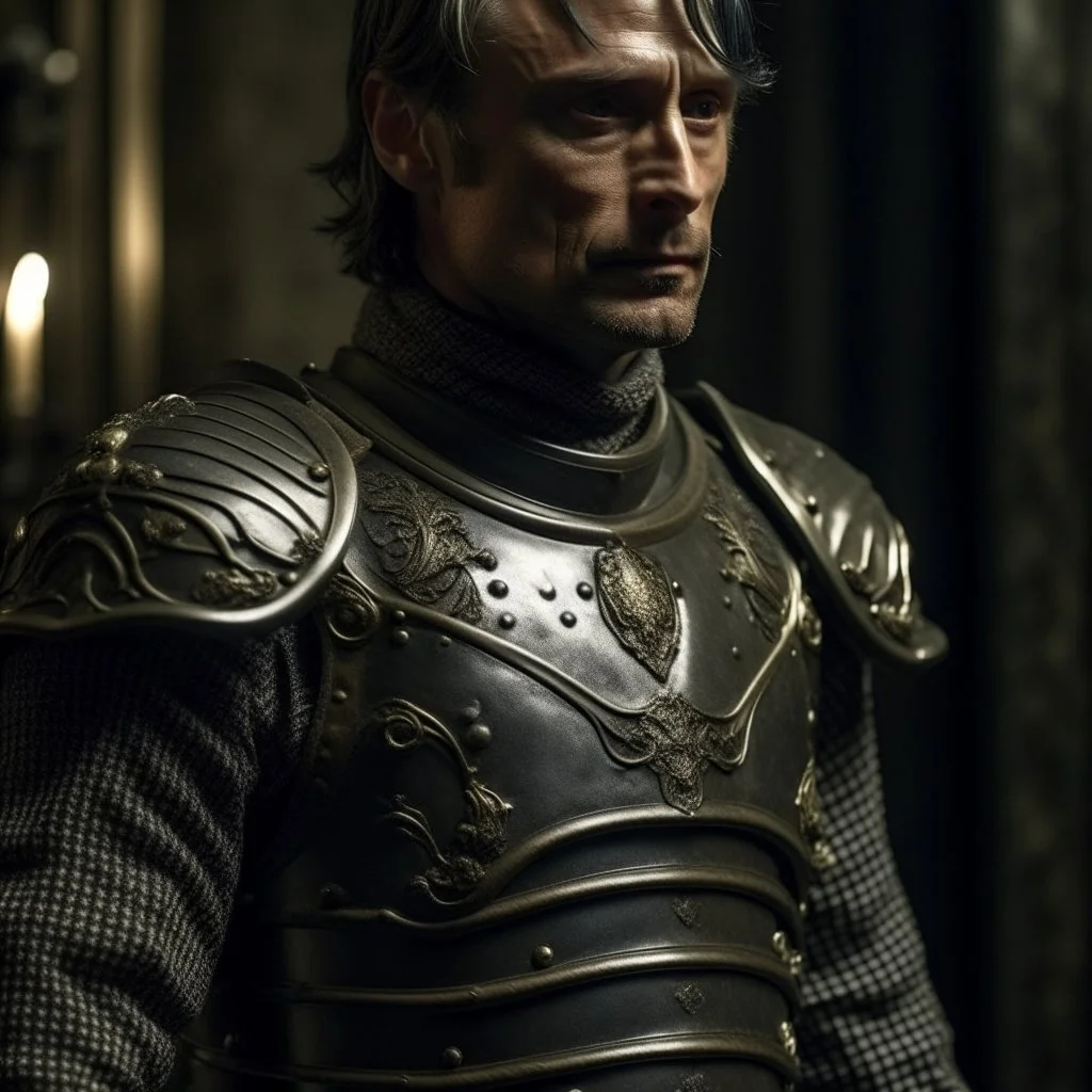 mads mikkelsen dresses in knight's armour, high quality photo