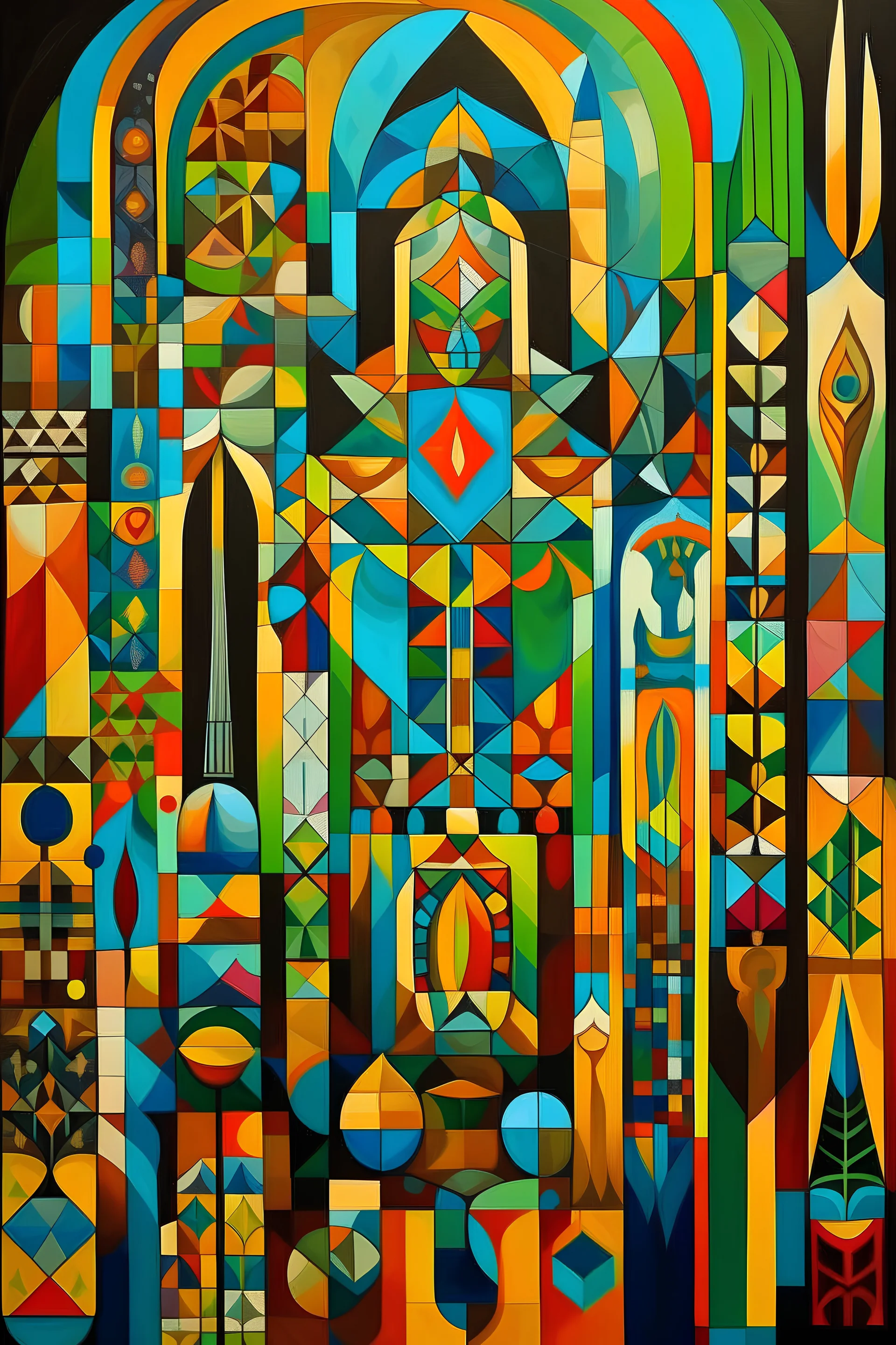 A (((contemporary Cubist-style art piece))), representing modern Saudi and Islamic art, with vibrant colors and geometric patterns, reflecting both traditional and contemporary influences