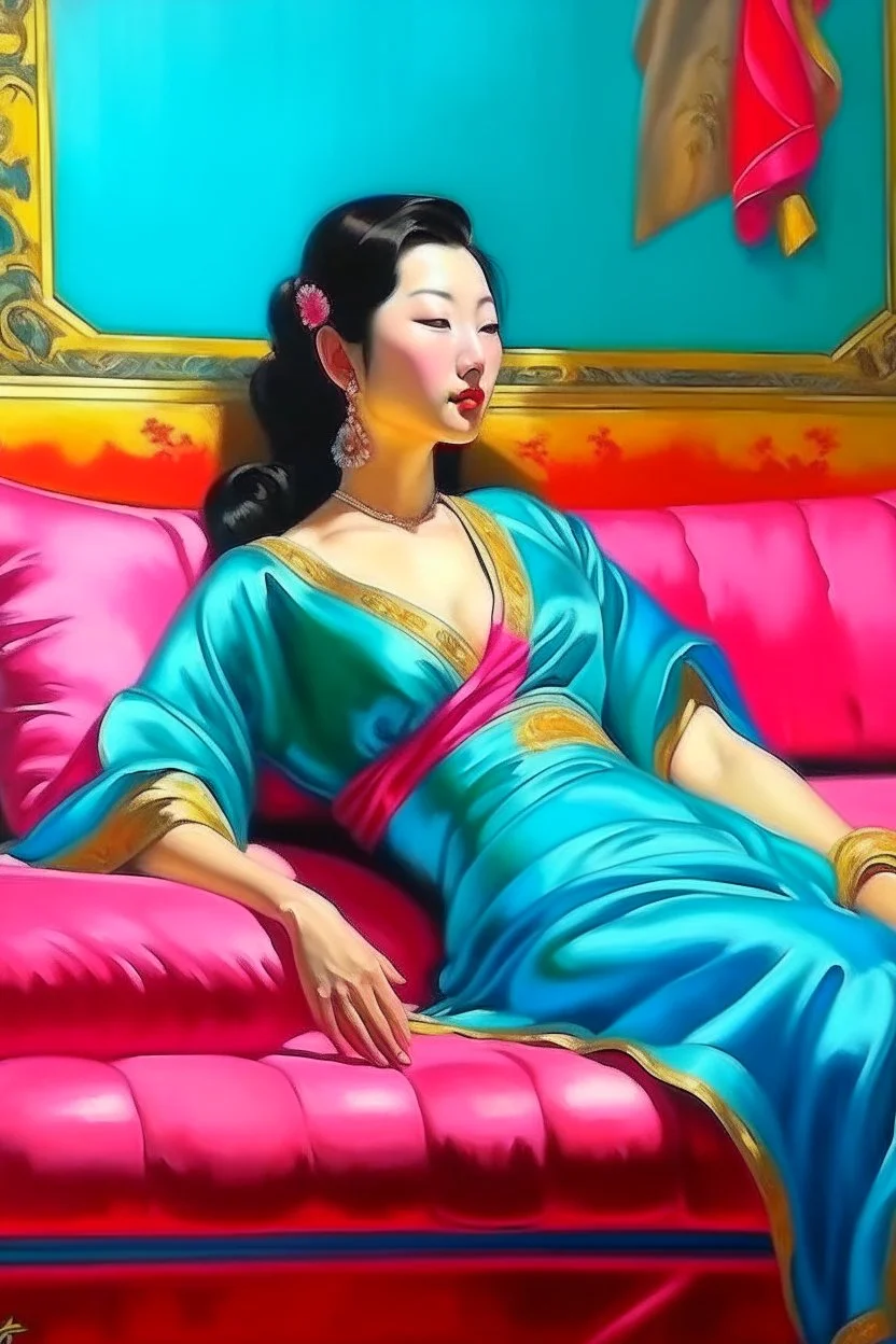 oriental woman lying on a pillow painting neoclassism bright colors zoom out realistic whole body