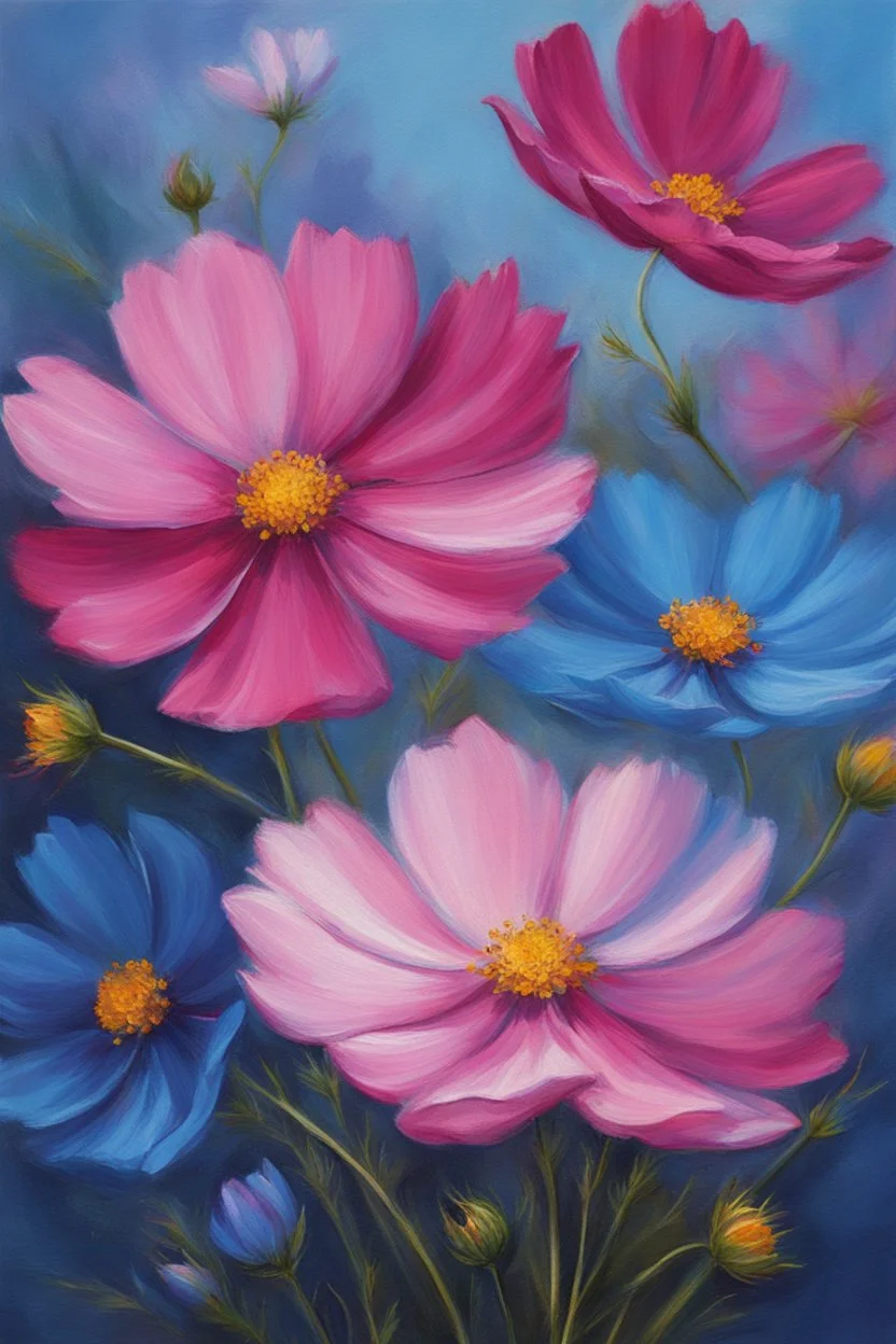 Cosmos flowers in blue and pink to be used on a business card, realistic beautiful, thick oil paint