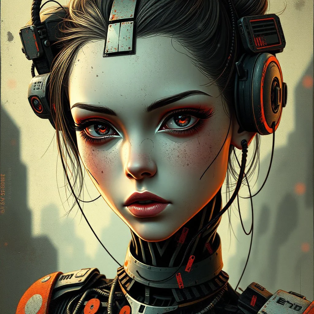 a cyborg girl, retro futuristic, aged, damaged, stylised, digital art