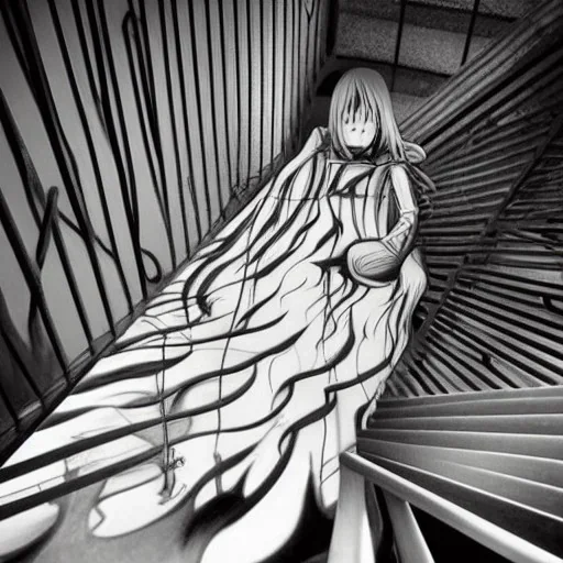 float into my dreams my nightmares and twisted things, dark side of me, staircase, depths despair, anime, girl walking down stairs