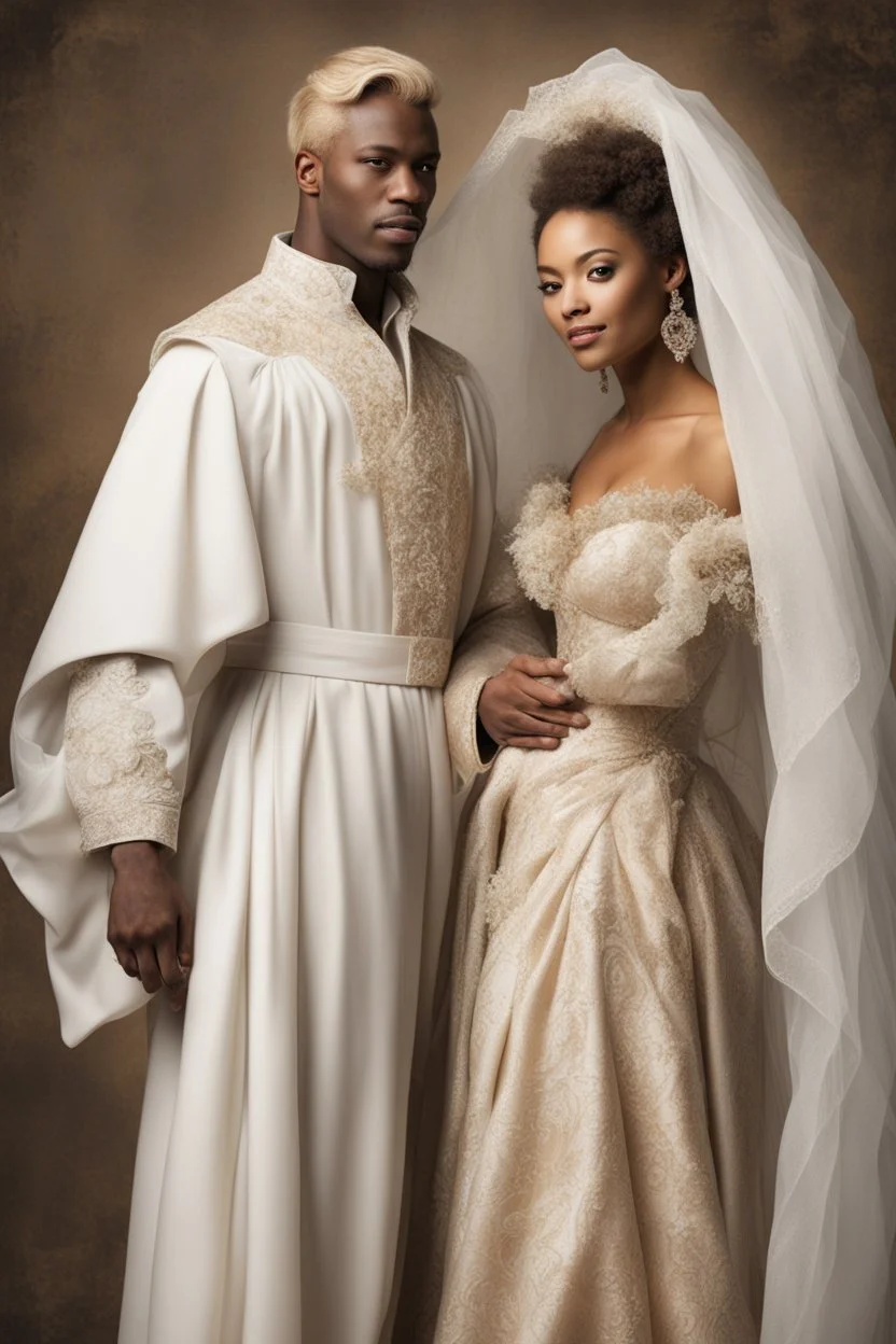 interracial marriage, blonde man and mulatto woman, wearing aristocratic robes