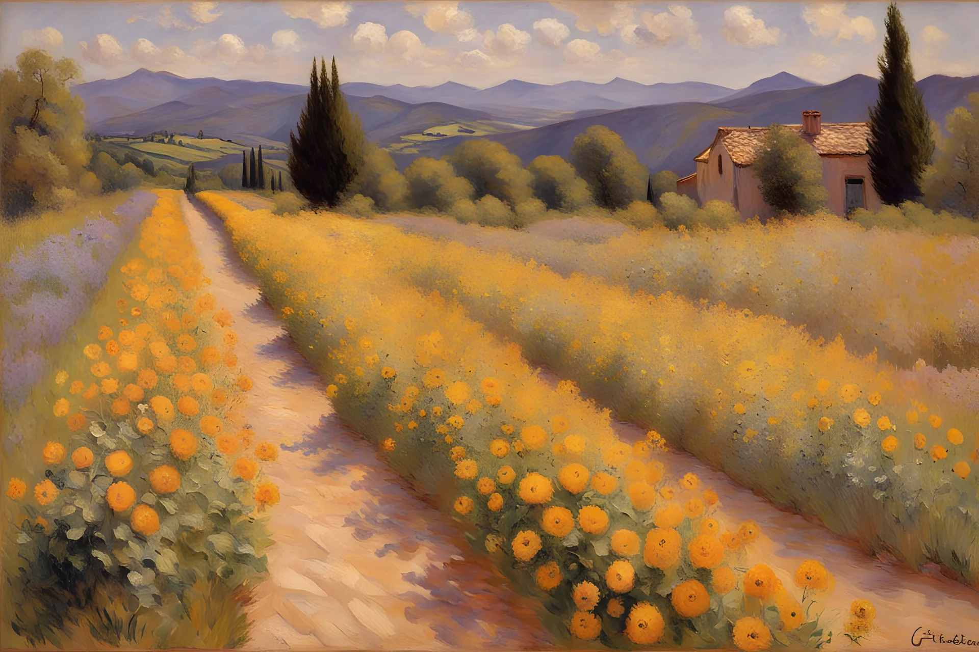 Sunny day, clouds, flowers, mountains, rocks, trees, epic, gustave caillebotte, and friedrich eckenfelder impressionism paintings