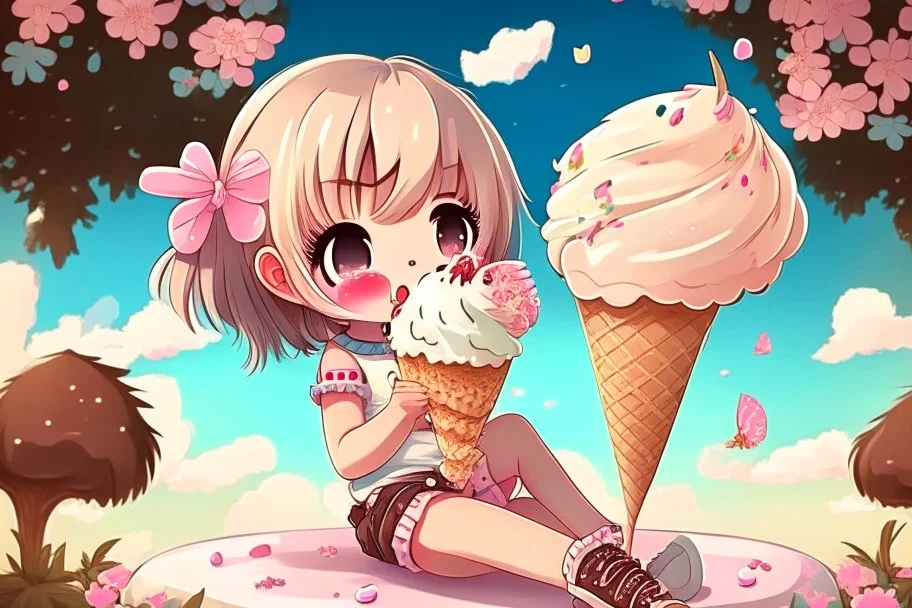 cute chibi girl eating icecream in the paradise