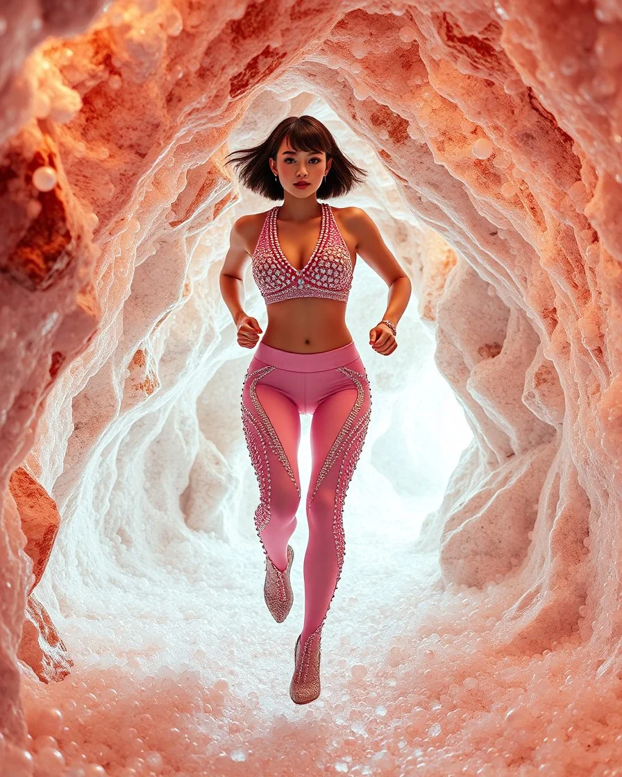 make a picture pretty crystal cave covered with jwellary and 3d recursive cubic and sphere base pearls and a beautiful fashion model lady with cute,bob hair,makeup, in pretty jewelled sports suit is running inside cave ,dynamic camera fallow her inside cave capturing full body, dynamic lights.