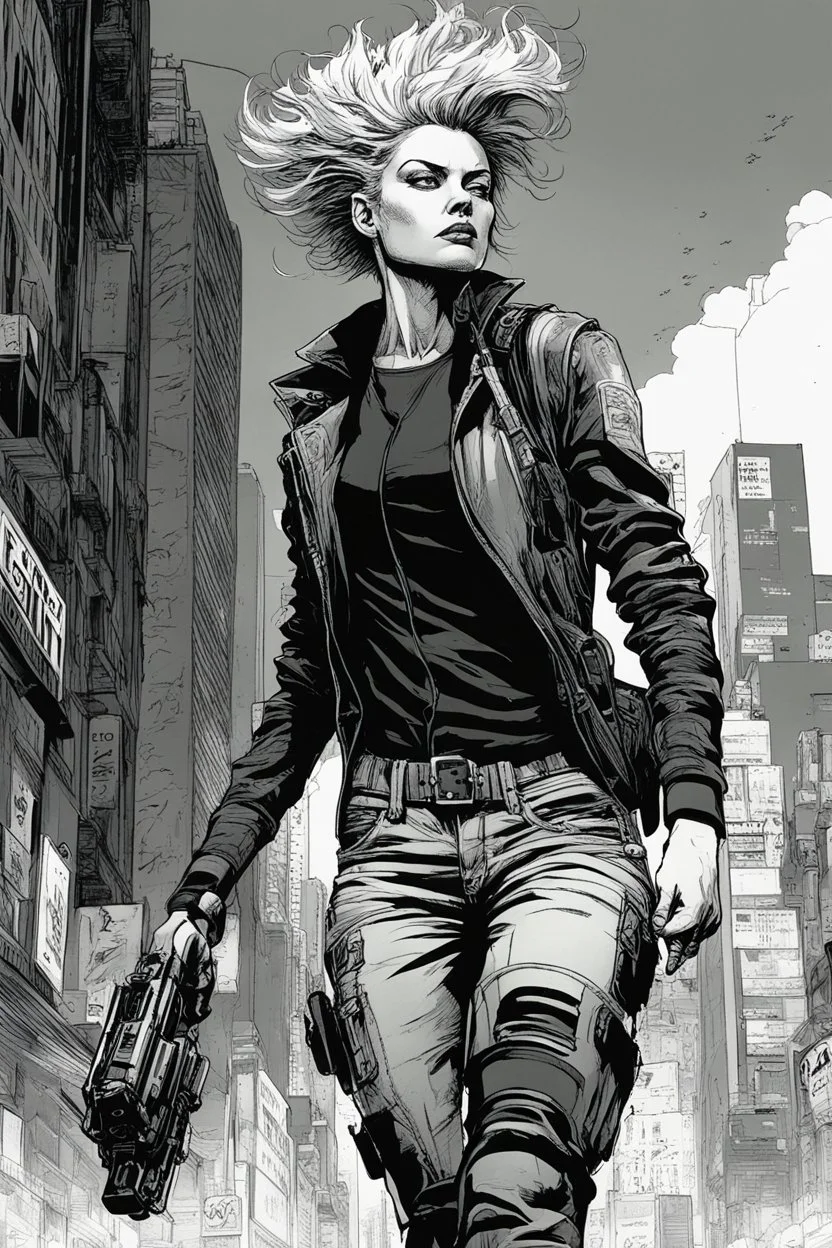 create a black and white film noir style full body portrait illustration of an athletic cyberpunk female private detective with prosthetic arm in flak vest, with highly detailed , sharply defined feminine facial features, in a chaotic, turbulent, otherworldly Tokyo in the comic art style of FRANK MILLER, ALBERTO BRECCIA, BILL SIENKIEWICZ and JEAN GIRAUD MOEBIUS, , precisely drawn, inked, with dramatic edges, chiaroscuro in stark black and white