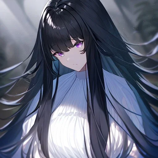 Clear focus,High resolution, Black long fluffy hair, long bangs, and purple eyes, Depressed girl