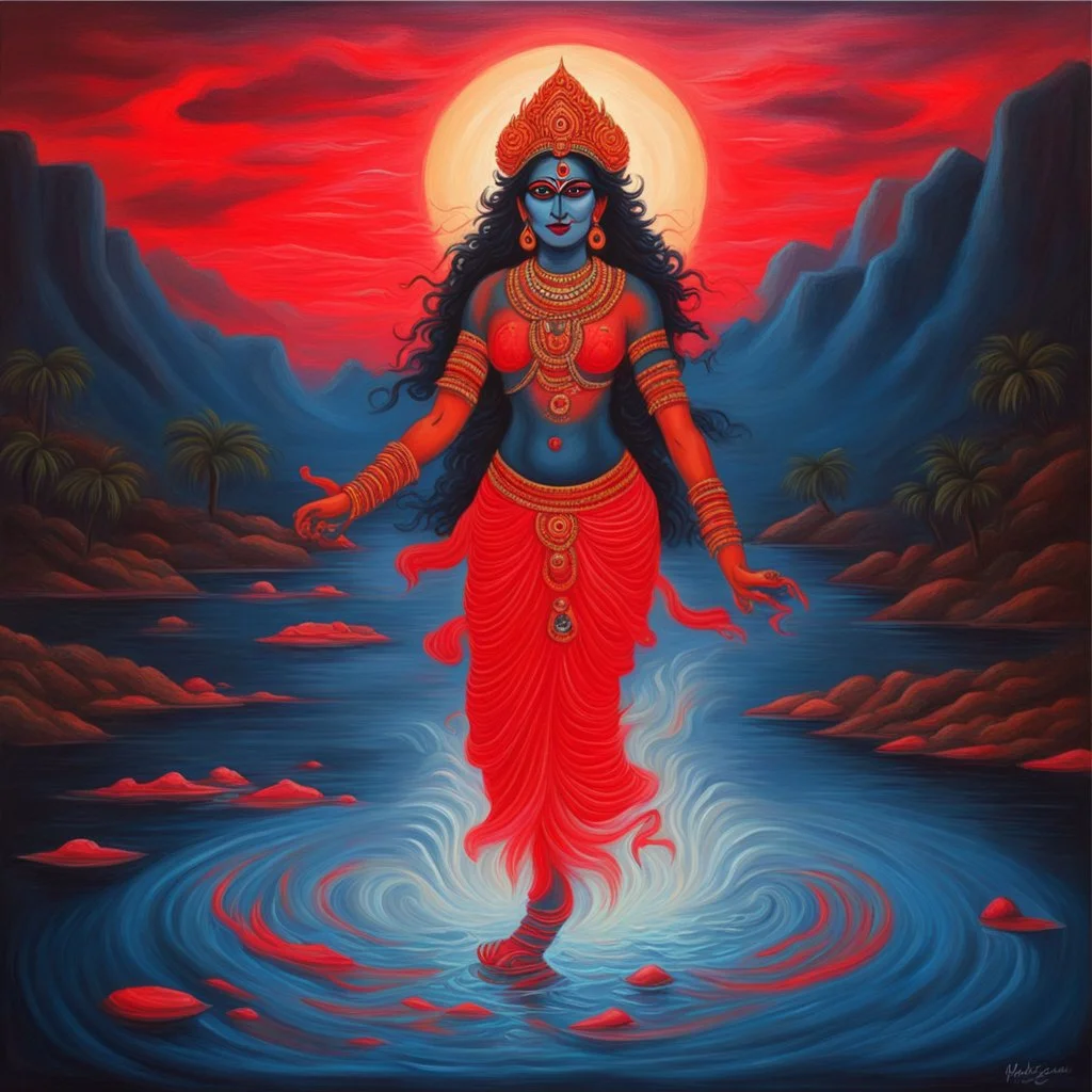 An oil painting of goddess Kali crossing a lake neon red colors