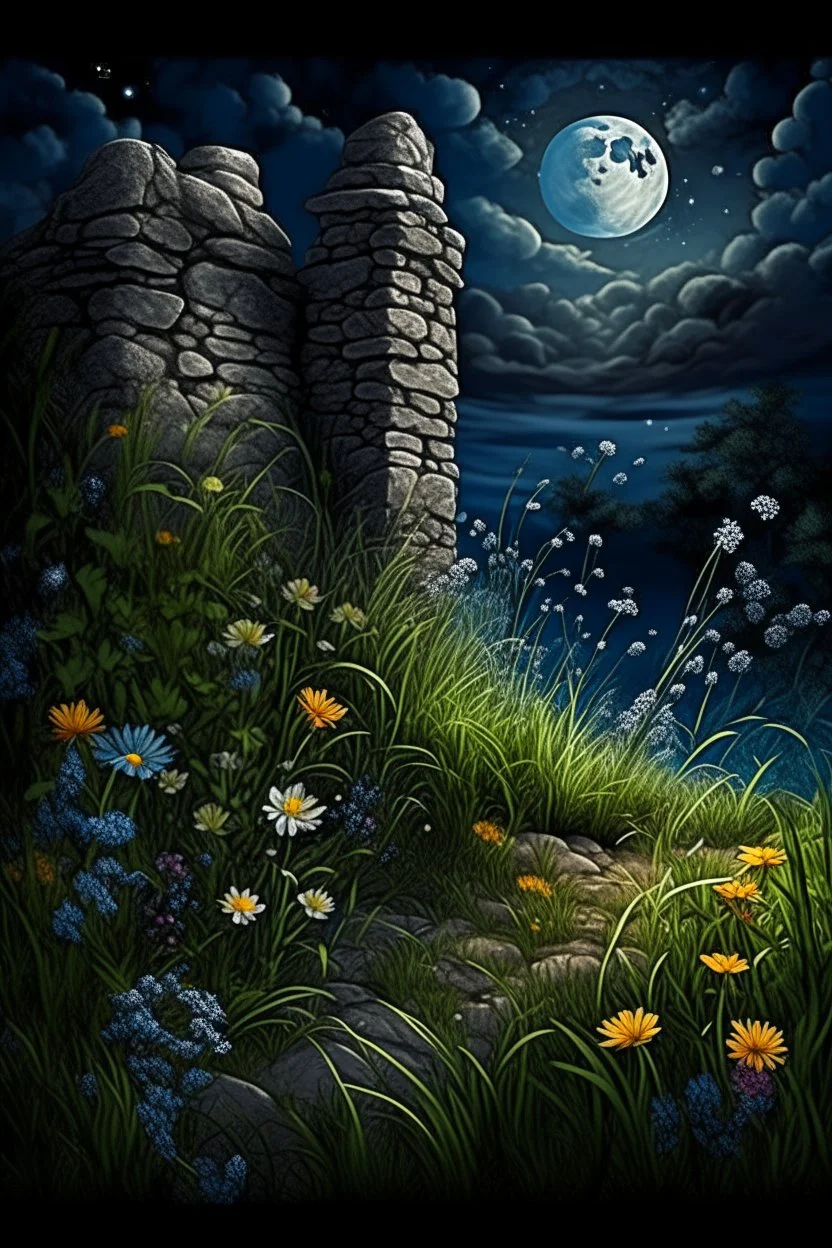 A close-up image of a rough stone wall with overgrown grasses, weeds, and vibrant flowers, featuring whimsical and surreal art, dark fantasy themes, dramatic lighting effects, intricate details, dreamy landscapes, gothic aesthetics, an ethereal atmosphere, and magical scenes with a moonlit sky with stars and constellations, a faint glow emanating from the cracks in the wall, and fireflies dancing around the glowing cracks. A close-up image of a rough stone wall with overgrown grasses, weeds, and