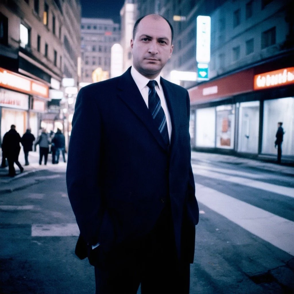 very grainy discolored photo, portrait, night street, grunge, 2000s Russia, businessman, extremely gaunt, haughty, nice suit, extremely pale, inhuman