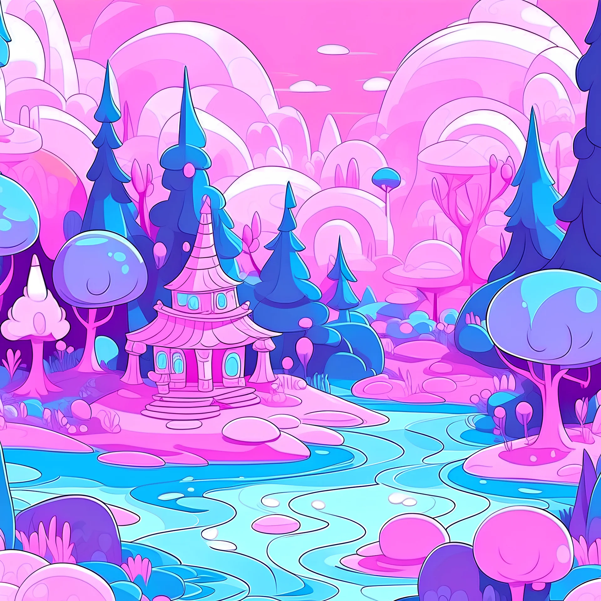 Pink and purple pastel cartoon forest with a cozy Victorian teahouse