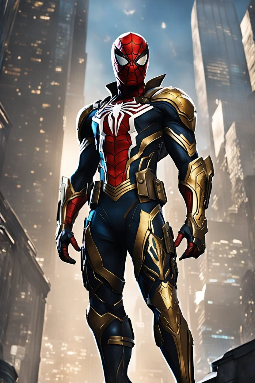 Full body Spider man ultra advanced warframe with the whole and full body full armor with ultra sophisticated machine compagnon ultra high resolution and details,walk in street city bussy