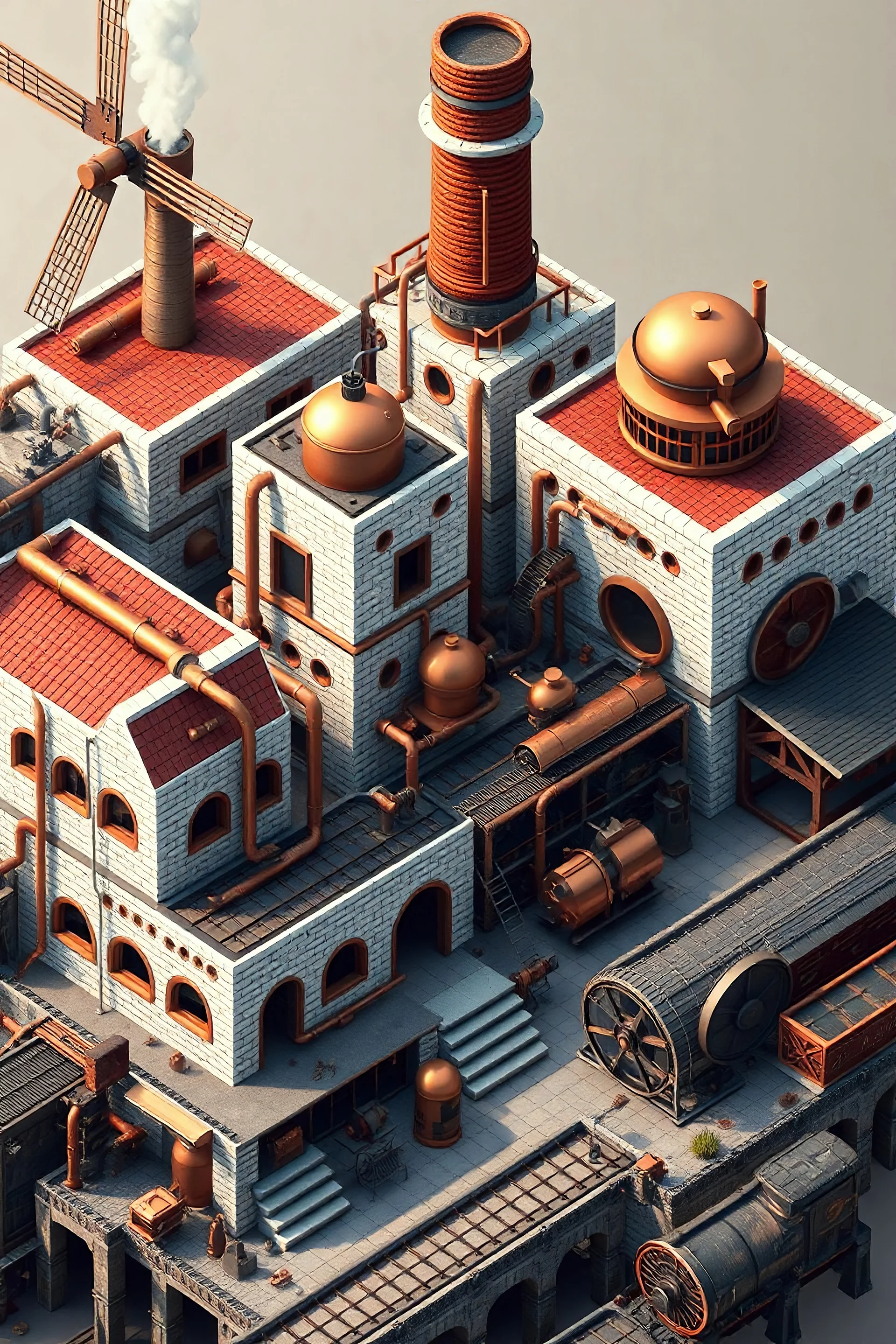 Isometric view, steampunk factory with multiple buildings that have white and red brick walls. Copper pipes, copper boilers, conveyor belts on the exterior. Connected to steampunk train station. With windmill and waterwheels.