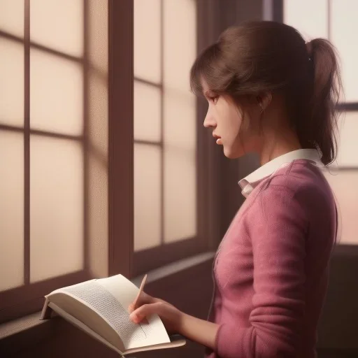 reading a book by the window studying girl, ultra detail, curl hair, realistic photo unreal engine, cinematic lighting --ar 1:1 creative