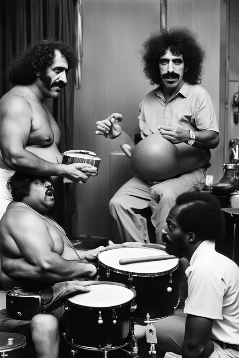 Frank zappa playing bongos next to a very fat black man