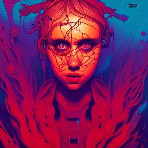 singer Danish MØ face, Camera., concept art, hyper detailed, asaf hanuka, dan mumford, kilian eng, post-apocalyptic, oil on canvas