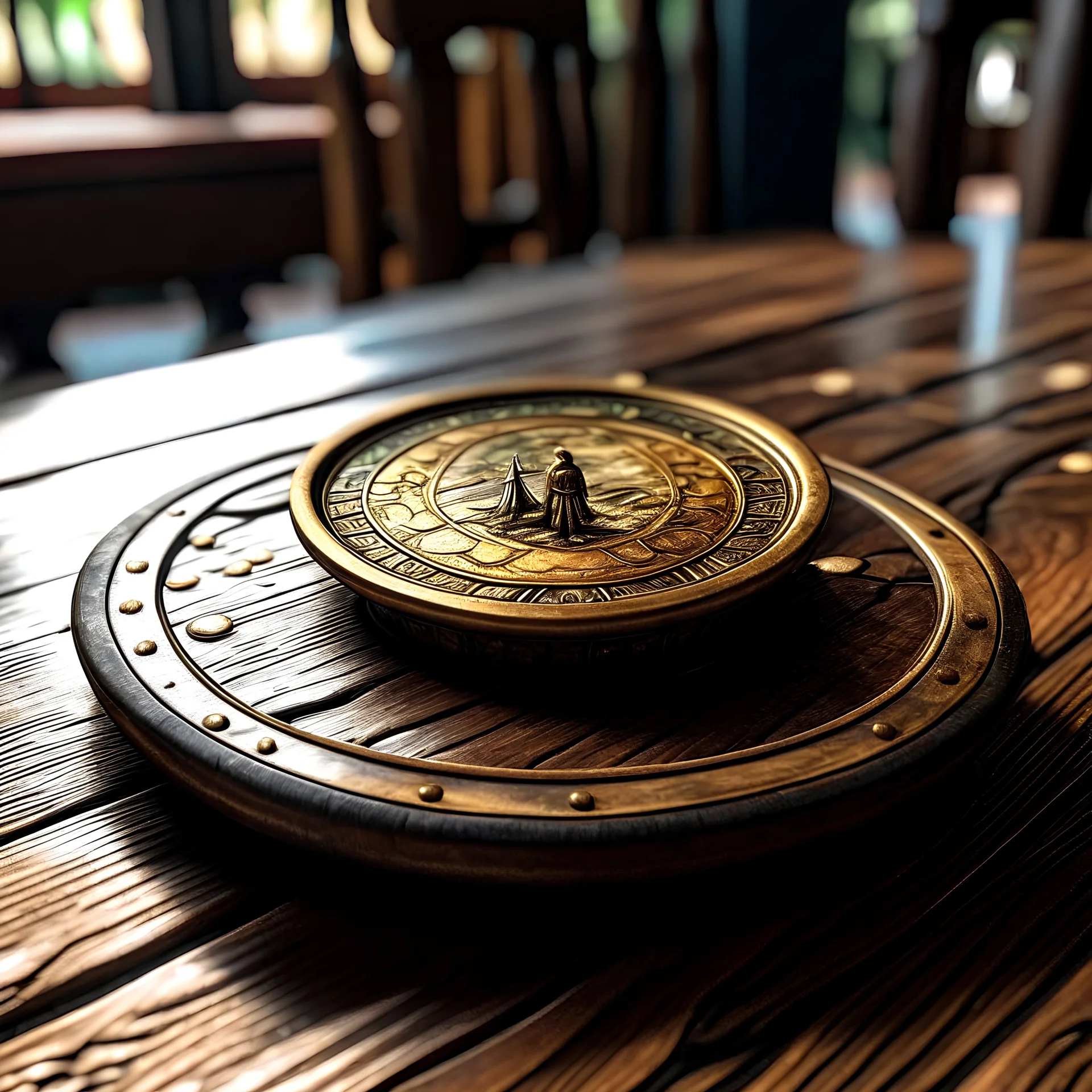 una moneda encima de una mesa antigua en una zona de aventura
