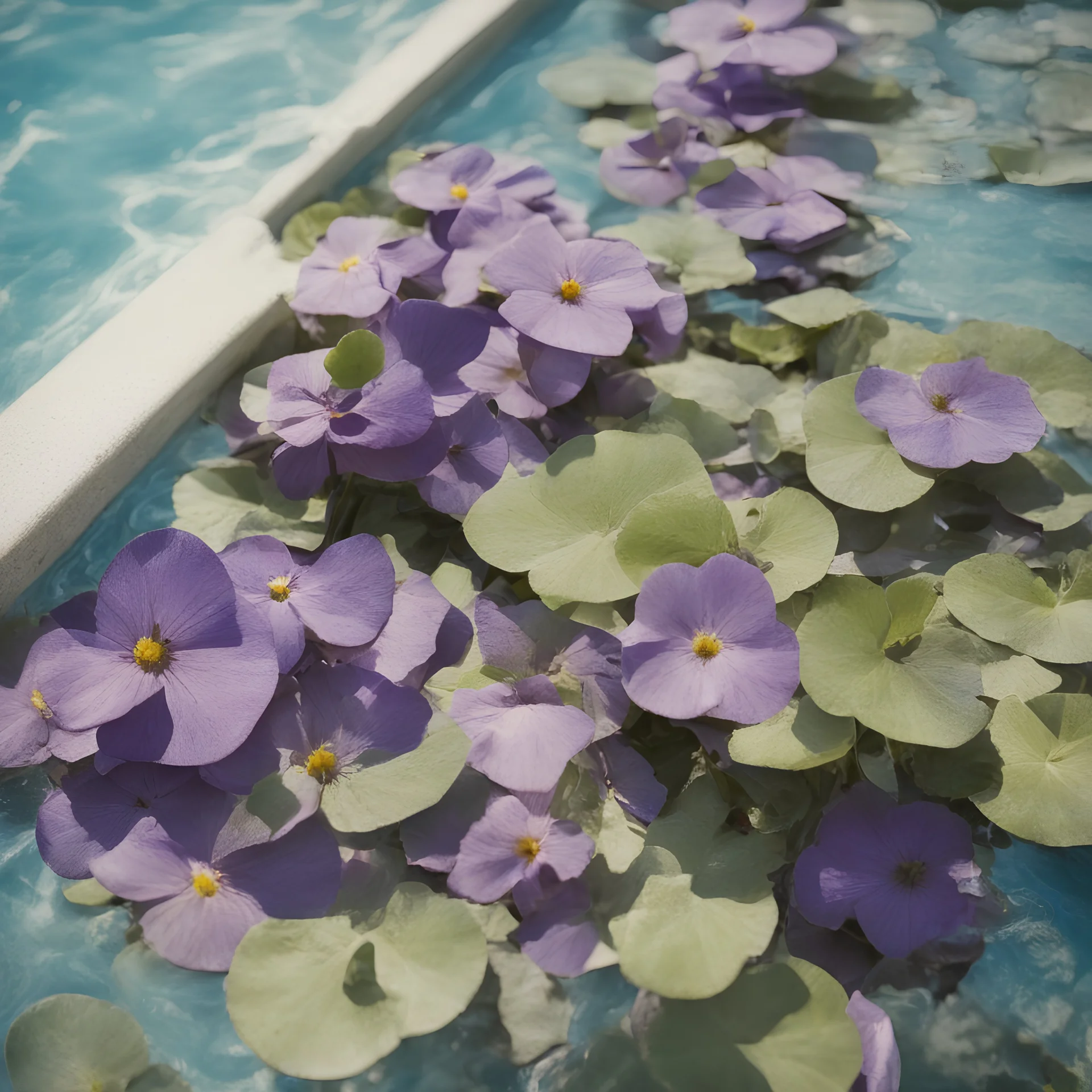violets in a swimming pool, kodachrome, sunny day