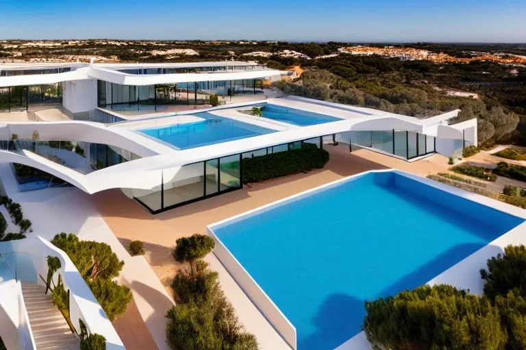 Sunset algarve in quinta do lago, one straight line building of 250 meters long modern luxury architecture with pool on rooftop, with green roofs and cascading terraces, on a slope with pinus pinea, a wrap around low speed veicular road