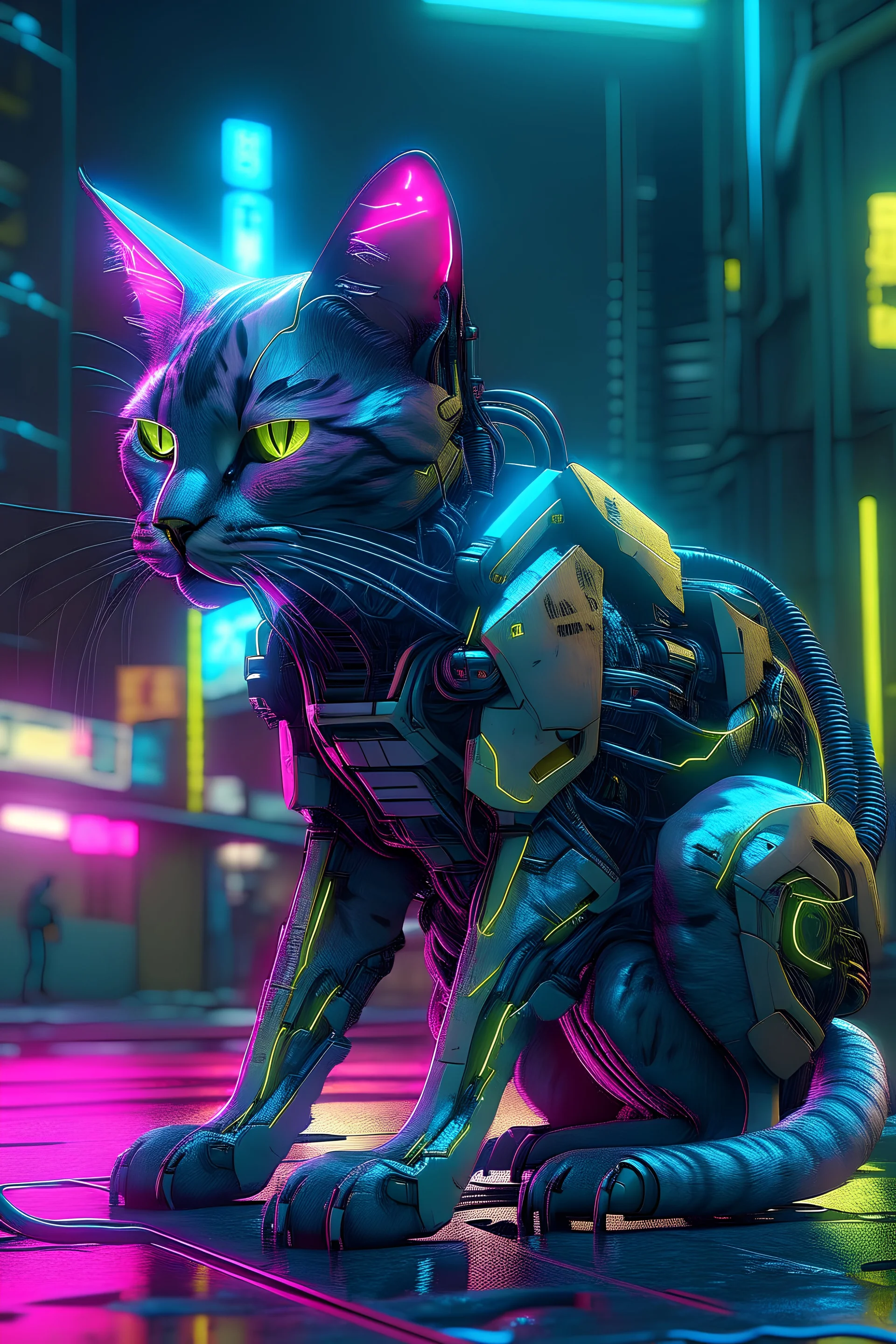 cyberpunk realistic cat hyper detailed, full body, in the streets of a cyberpunk neon city