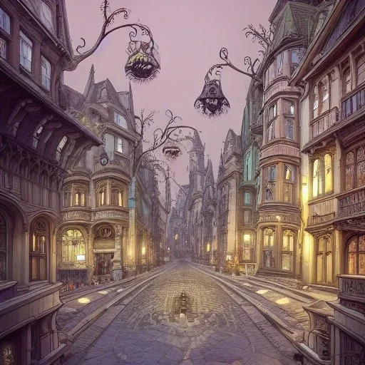 Square+neo-gothic architecture +detailed facades+human scalades+beautiful, liveable urban square lined with with richly detailed houses and shops, ,street trees,ornamental flowers +uphill road+biopunk+Book illustration by Gediminas Pranckevičius, Jean Baptiste Monge, Brian Kesinger, Anton fadeev, Kilian Eng, strong lines, high contrast vibrant colors, highly detailed, 16k resolution, trending on behance