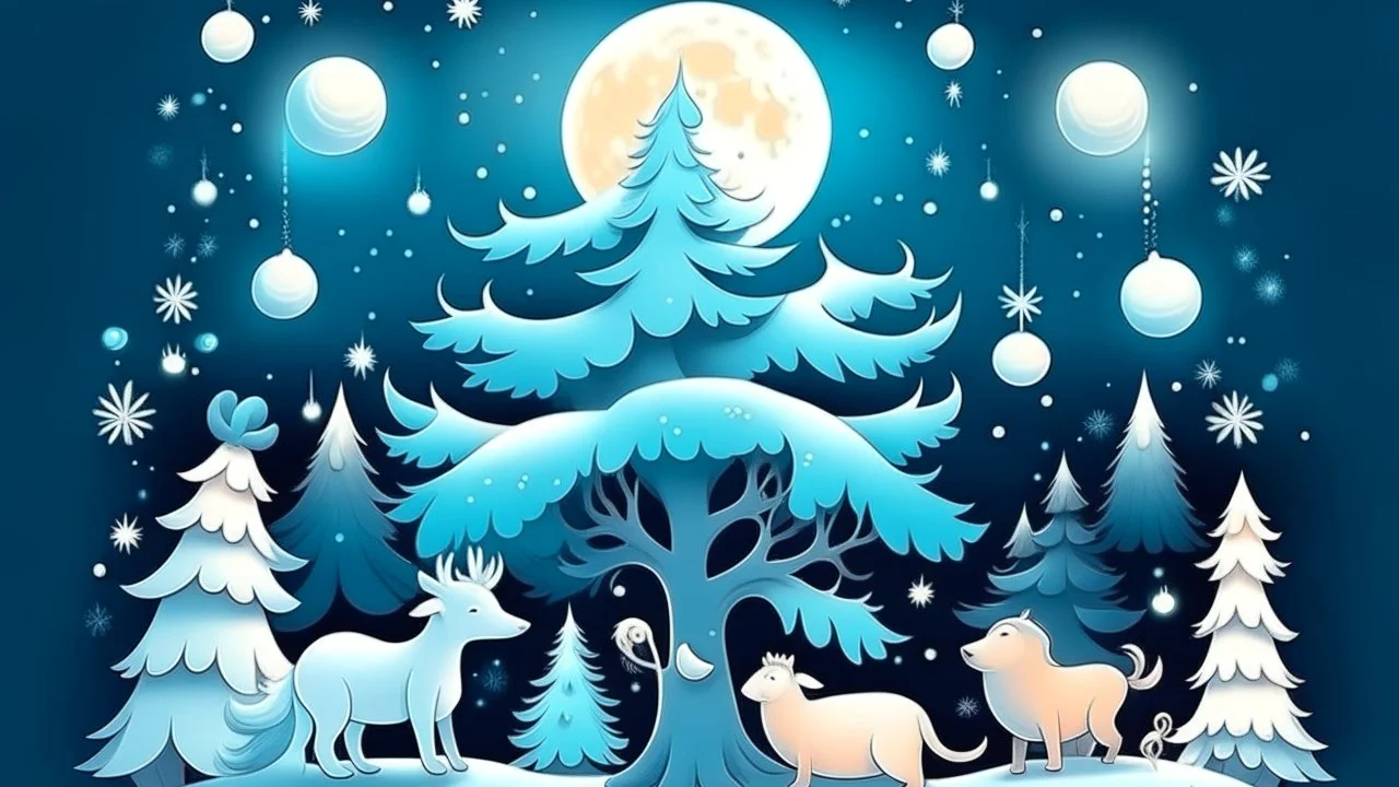 fantasy cartoon illustration: The Arctic animals beneath a full moon are decorating a Christmas tree