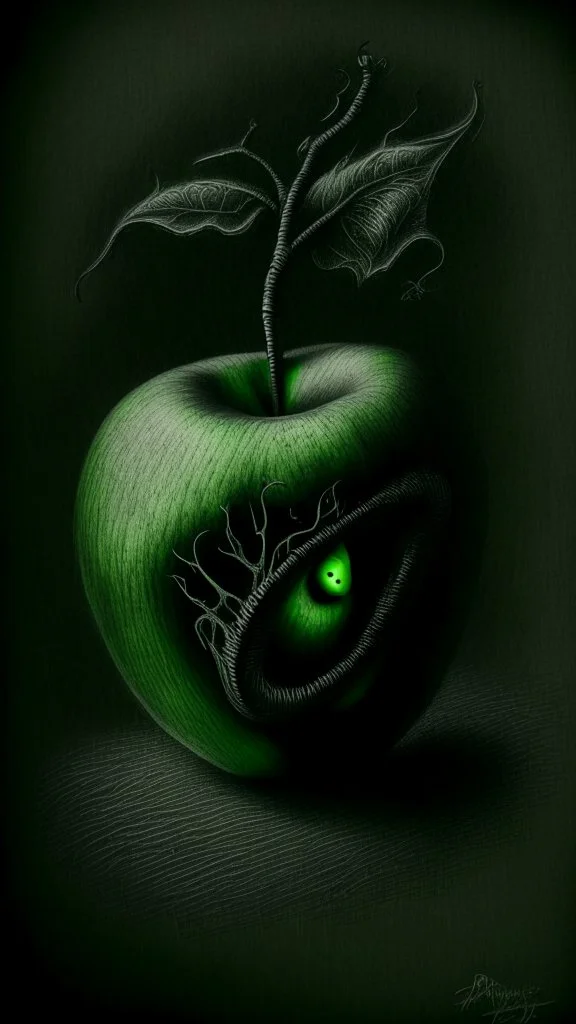 pencil drawing of poison apple. Spooky, scary, halloween, realistic, black paper, green poison