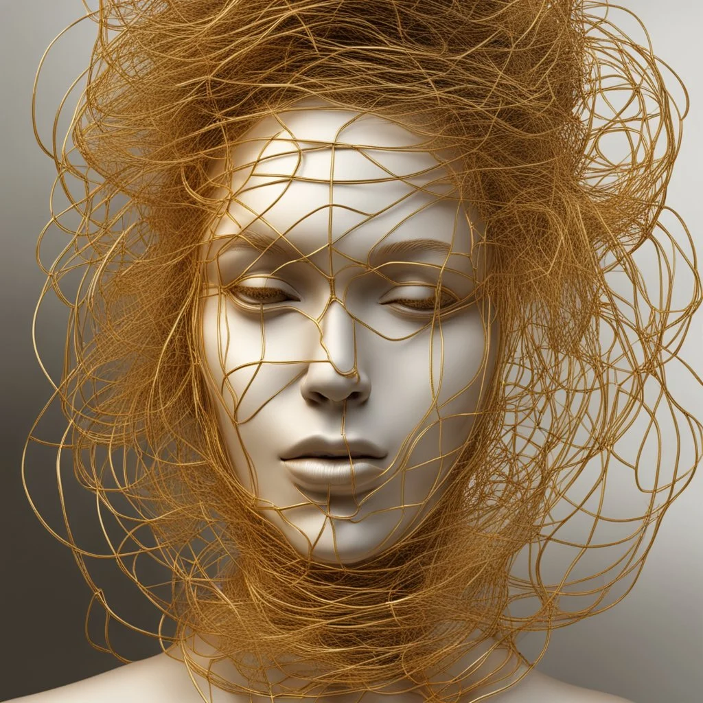 Woman face made of golden metal wires