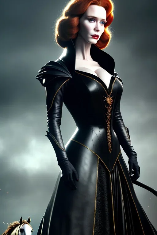 christina hendricks as evil queen in black leather gown on a horse, angry, stern look, volumetric lighting, particales,highly detailed,cinematic, deep colours,8