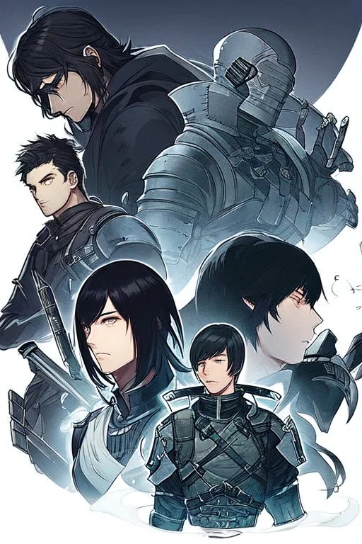 Male version of Motoko Kusanagi from "Ghost In The Shell (1995)" knight in steel plate armour, long black hair, pretty face, dignified