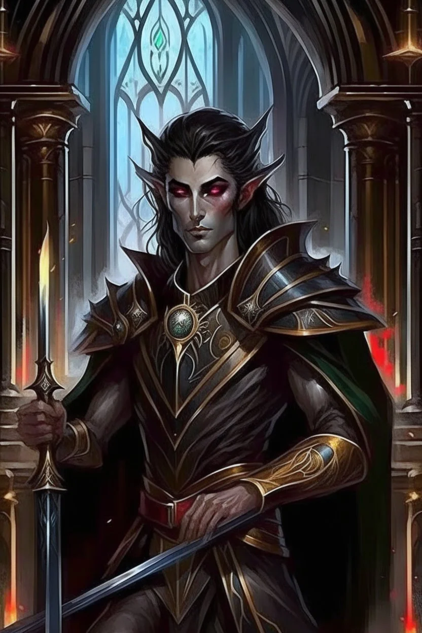 sits on the throne, human skin, full length, mantle, black cloth, dark green eyes, holding a long spear with his left hand, background black hall with columns