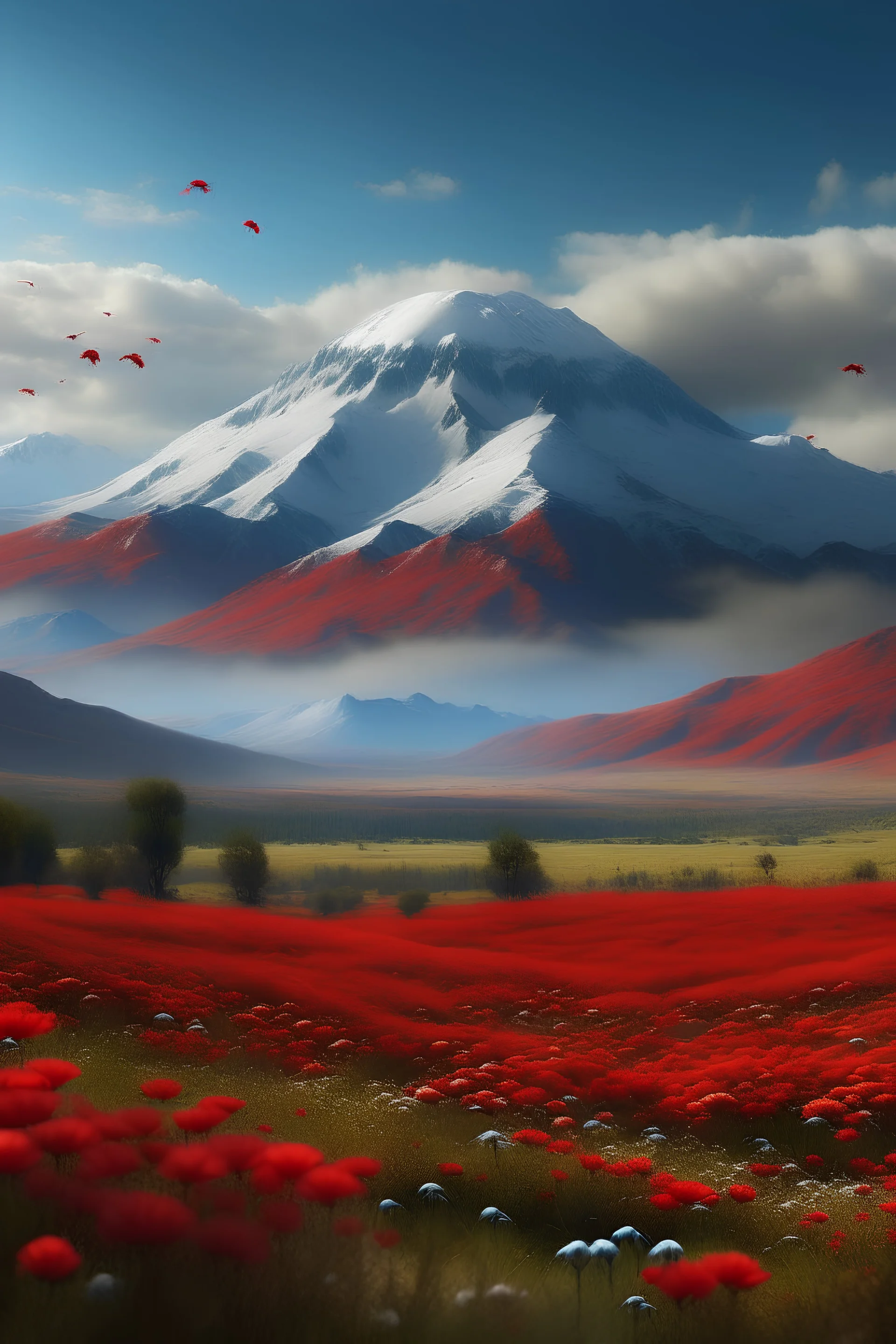 genera un paisaje hiperrealista de una llanura argentina con flores de amapola y arboles rojos. en el centro de la llanura hayun solo pico montañoso con su cumbre nevada en el centro y aves volando a su alrededor