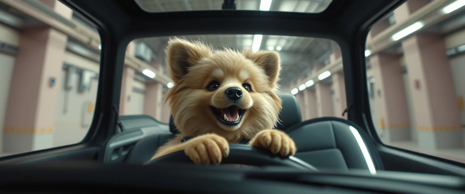 car driving happy 2d rambo fluffy dwarf dog in the style of Escher and Giger and Fallout 4, pinhole cam, airbrush 3d rendering, on tv screen:A five-second cinematic single take in a clean industrial presentation hall.