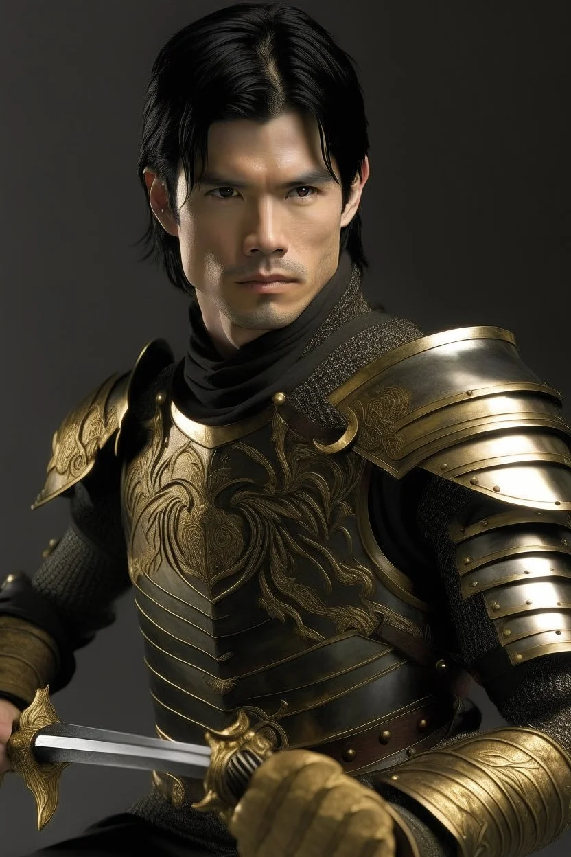 A handsome 30 year old man, black hair, male bob haircut, in black-and-gold plate armor, golden katana in both hands, no beard, european