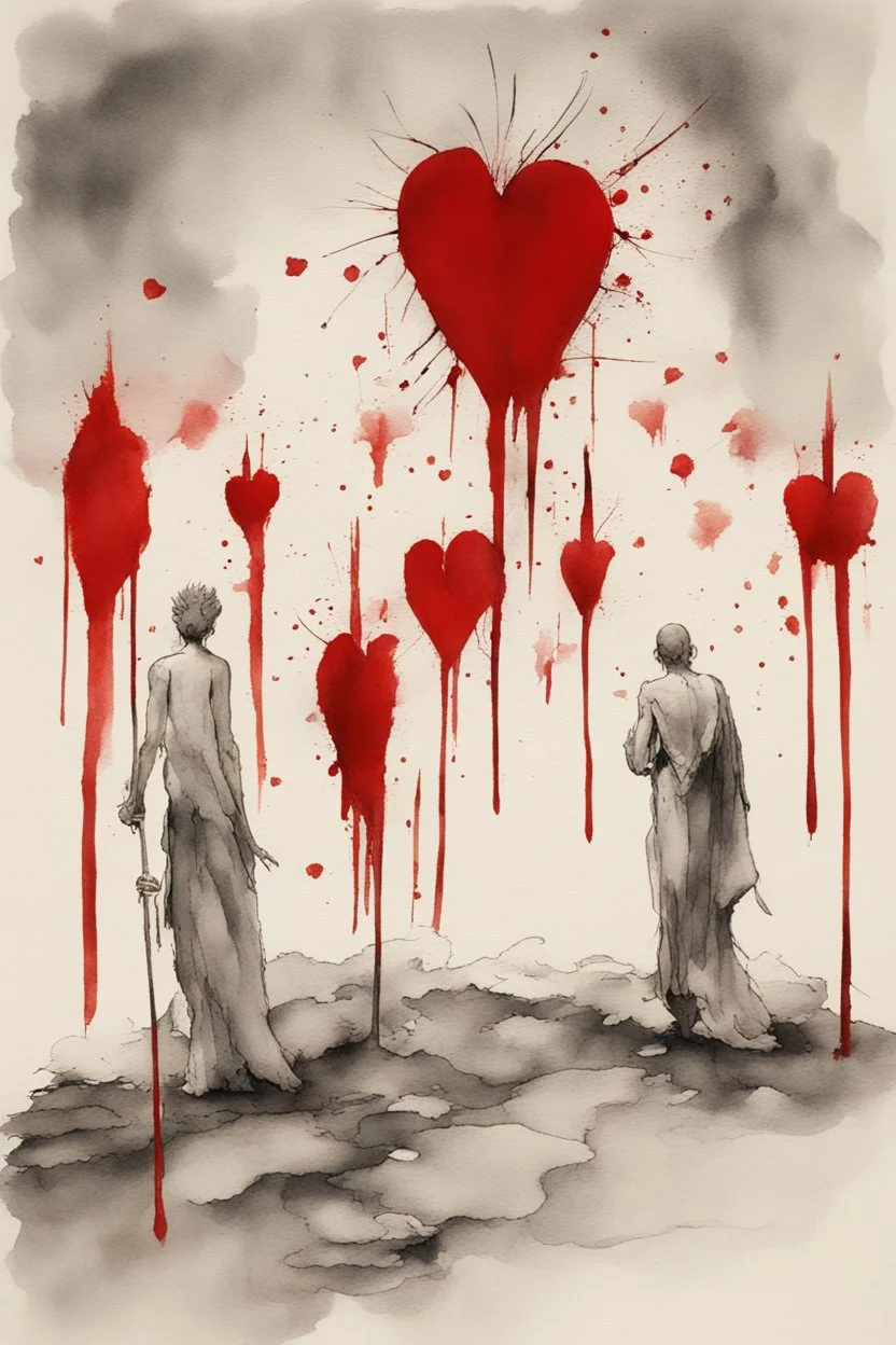 transcending the burden of past grievances weighing down their hearts; ink wash with bright red bleeding watercolors