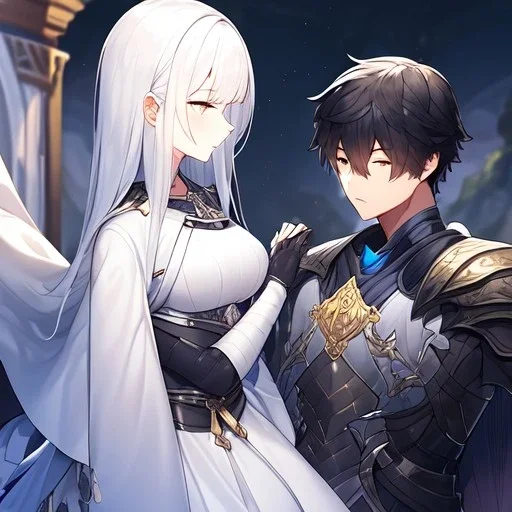 Girl with white hair wearing white robes. Boy with black hair wearing leather armor