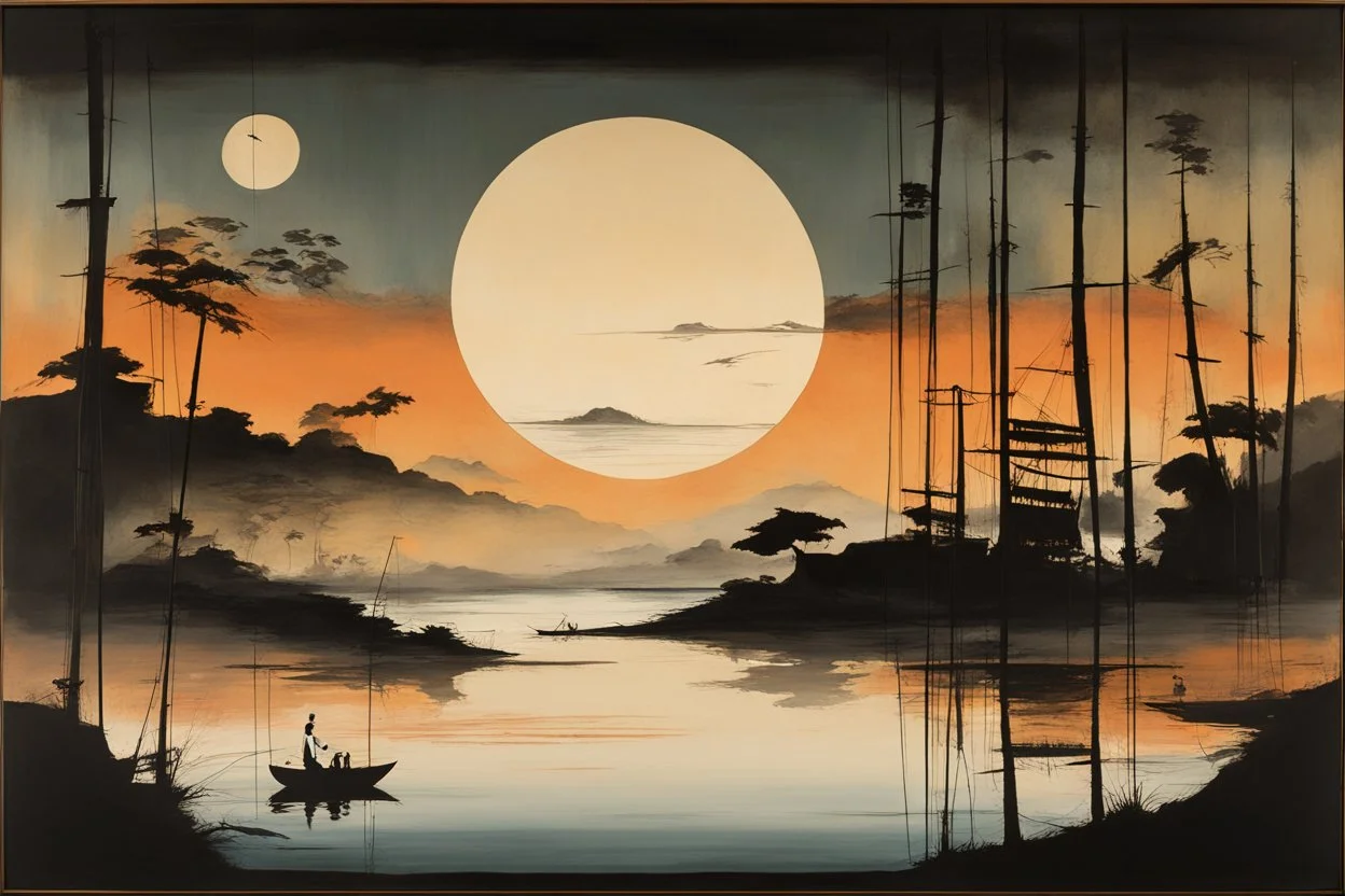 Japanese misty sunset fishing junk, dramatic multi-tiered landscape on a sliding multi-panel bamboo canvas, abstract surrealism, by Graham Sutherland and Colin McCahon, silkscreened mind-bending illustration; asymmetric, warm colors, dark side, by Andy Kehoe, color splash