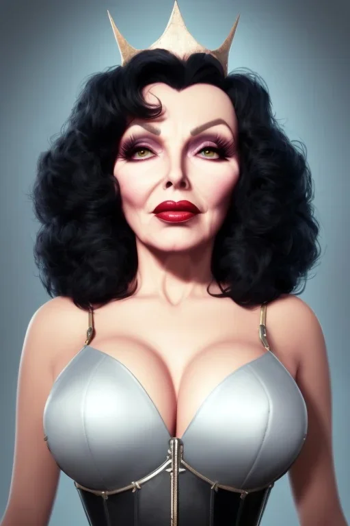 Joan Collins as evil queen in black leather, leather, busty, cleavage, angry, stern look. character design by cory loftis, fenghua zhong, ryohei hase, ismail inceoglu and ruan jia. unreal engine 5, artistic lighting, highly detailed, photorealistic, fantasy