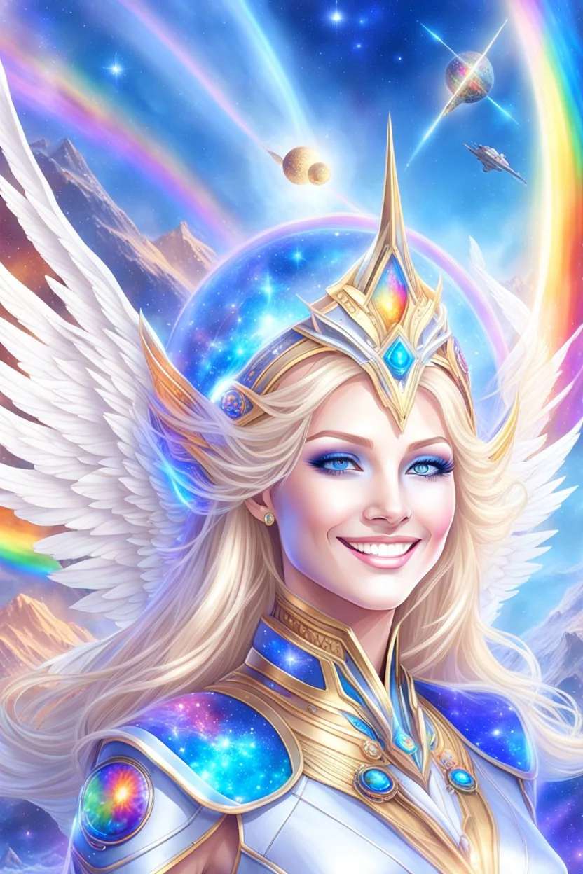 cosmic woman angels smile,admiral high commander from the future, one fine whole face, crystalline skin, expressive blue eyes,rainbow, smiling lips, very nice smile, costume rainbow pleiadian, Beautiful tall woman pleiadian Galactic commander, ship, perfect datailed golden galactic suit, high rank, long blond hair, hand whit five perfect detailed finger, amazing big blue eyes, smilling mouth, high drfinition lips, cosmic happiness, bright colors rainbow, blue, pink, gold, jewels, realist,8k